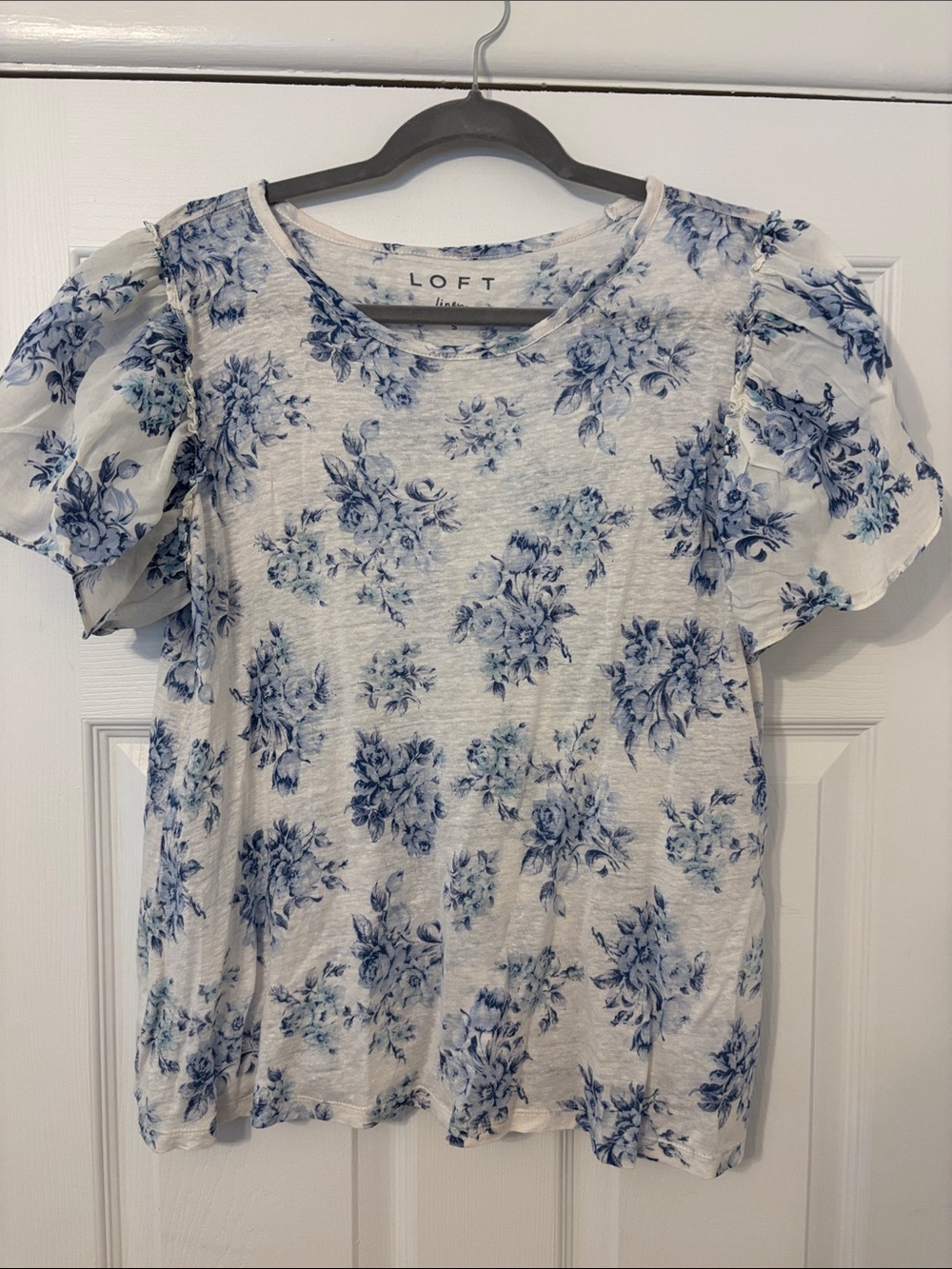 LOFT White Top with Blue Floral Print and Puff Sleeves